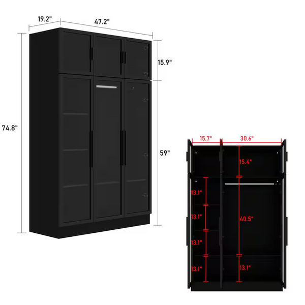 Black Wood Glass Doors Armoires Metal Frame Wardwore with LED Lights