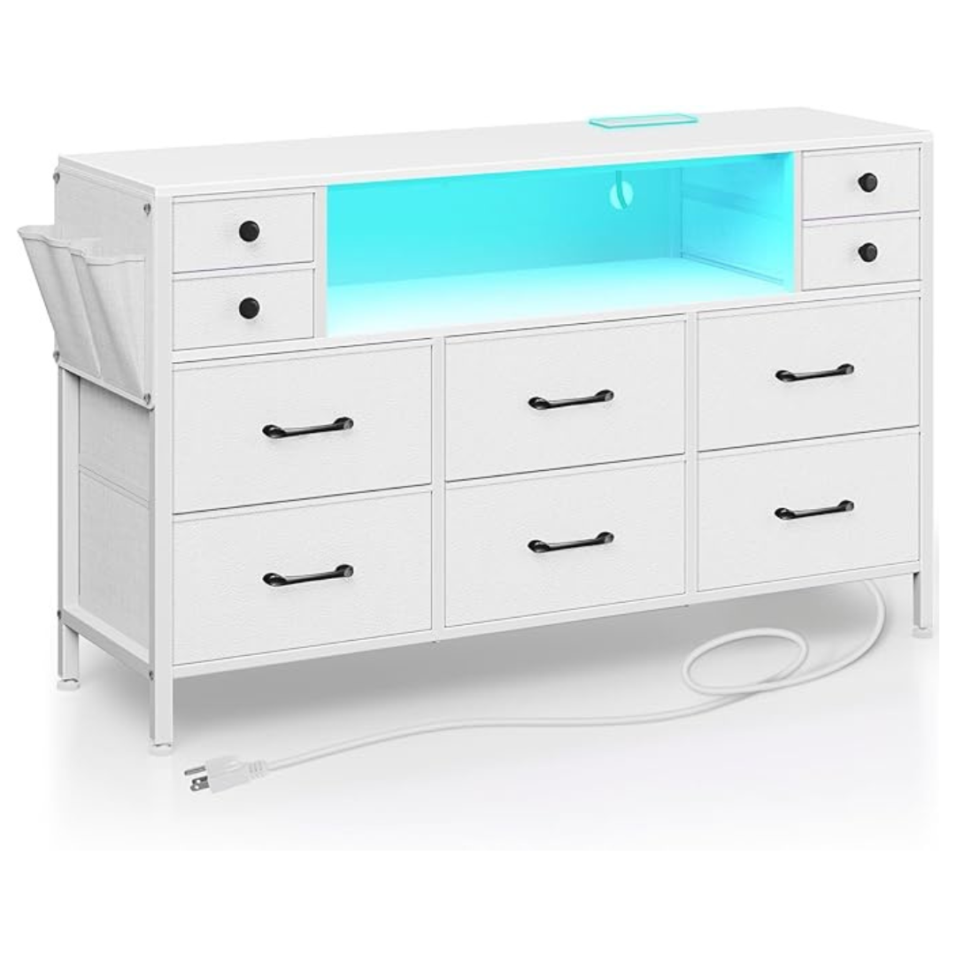 10 Drawers Dresser With Power Outlets And LED Light For Up To 55" TV