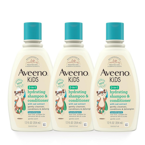 3 Bottles Of Aveeno Kids 2-In-1 Shampoo And Conditioner, Hydrating Shampoo And Conditioner (12 Fl. Oz Bottles)