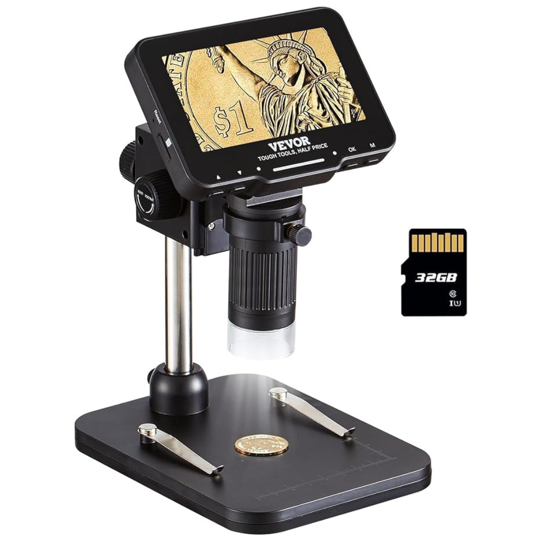 VEVOR 4.3″ LCD Digital Microscope, 50X – 1000X Magnification With IPS Screen, 8 LED Lights