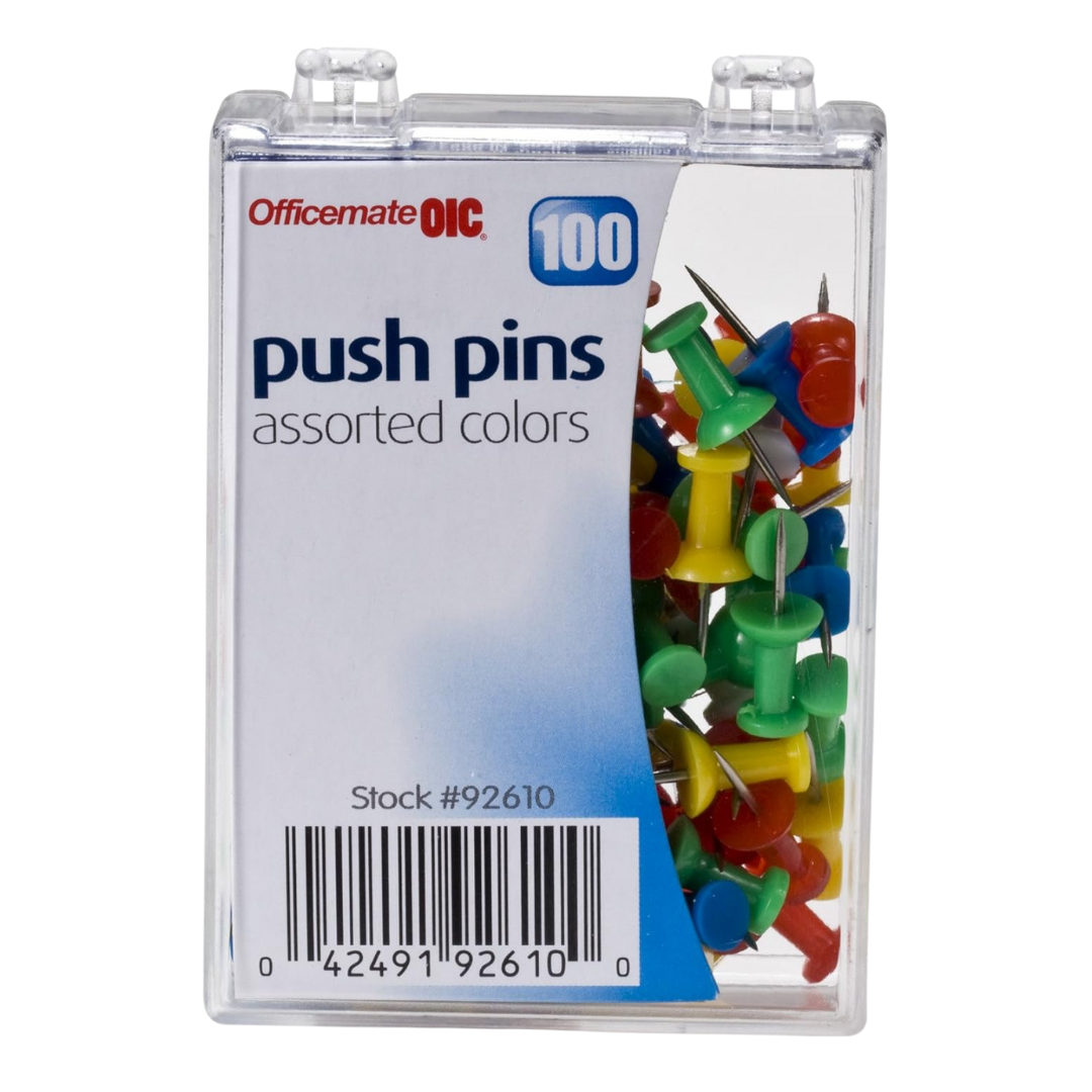 Box Of 100 Officemate Push Pins In Reusable Box