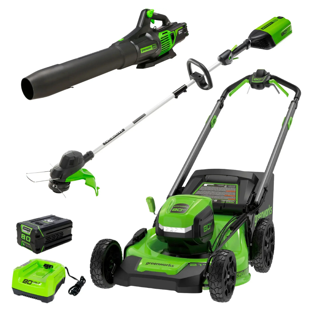 Greenworks 21" Mower, 13" String Trimmer & Blower W/Battery & Charger