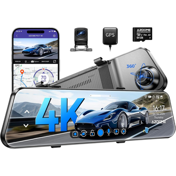 12" Rearview Mirror 4K Front & 1080p Rear WiFi GPS Dash Camera