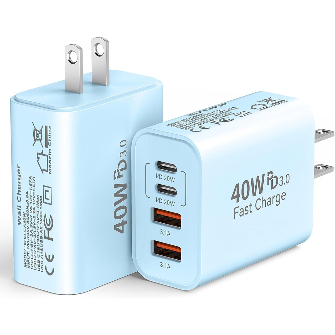 2-Pack 4-Port PD+QC 40W USB C Wall Charger Block