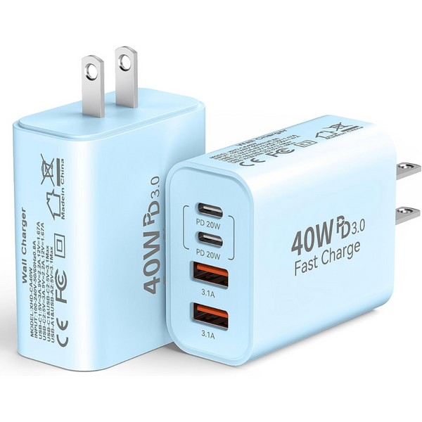 2-Pack 4-Port PD+QC 40W USB C Wall Charger Block