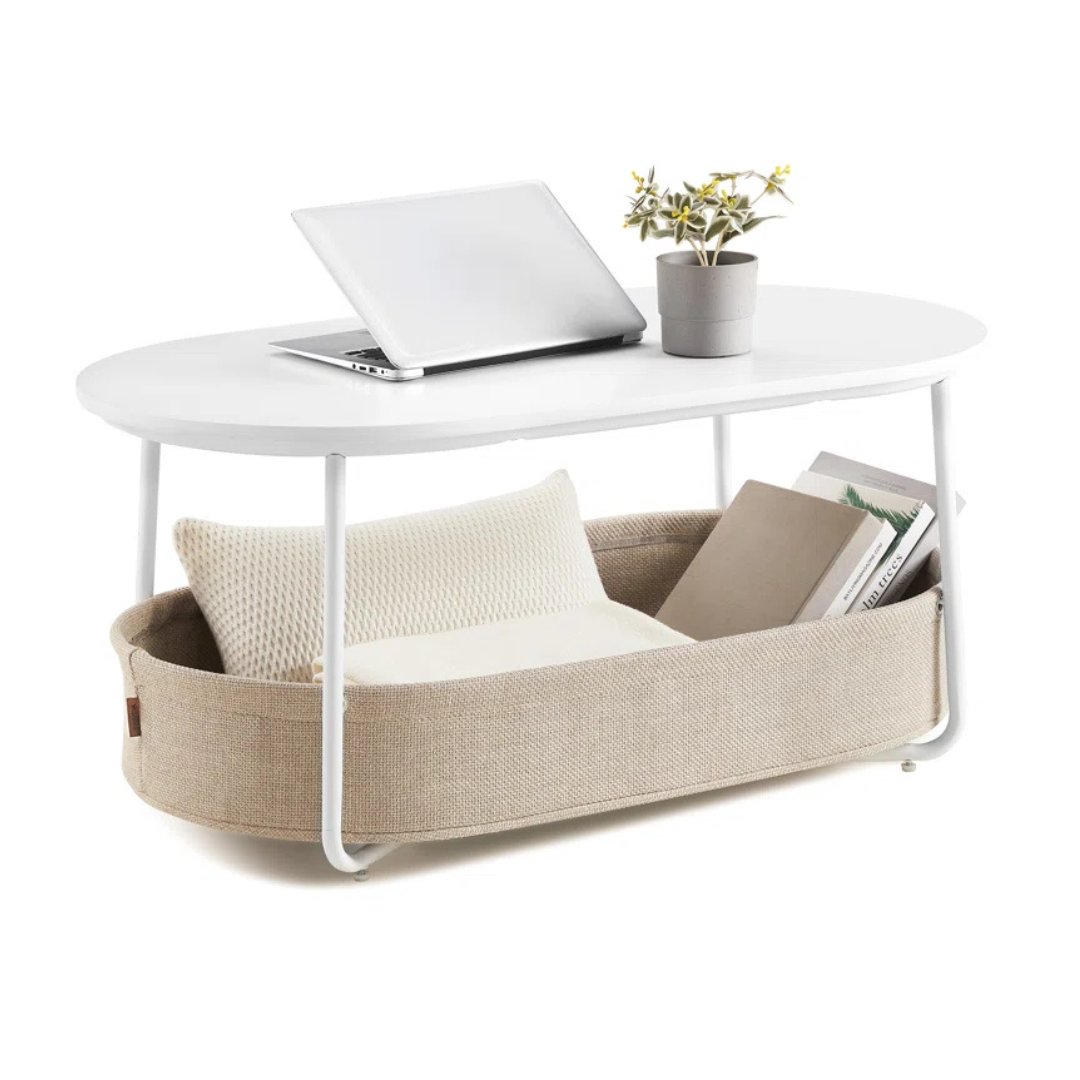 Ebern Designs Neili Floor Shelf Coffee Table With Storage Fabric Basket