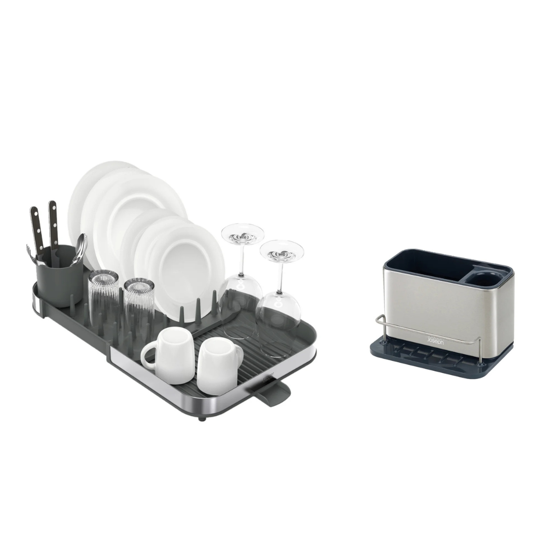 Joseph Joseph Expanding Steel Dish Rack & Surface Steel Sink Tidy Organizer – 2-Piece Set