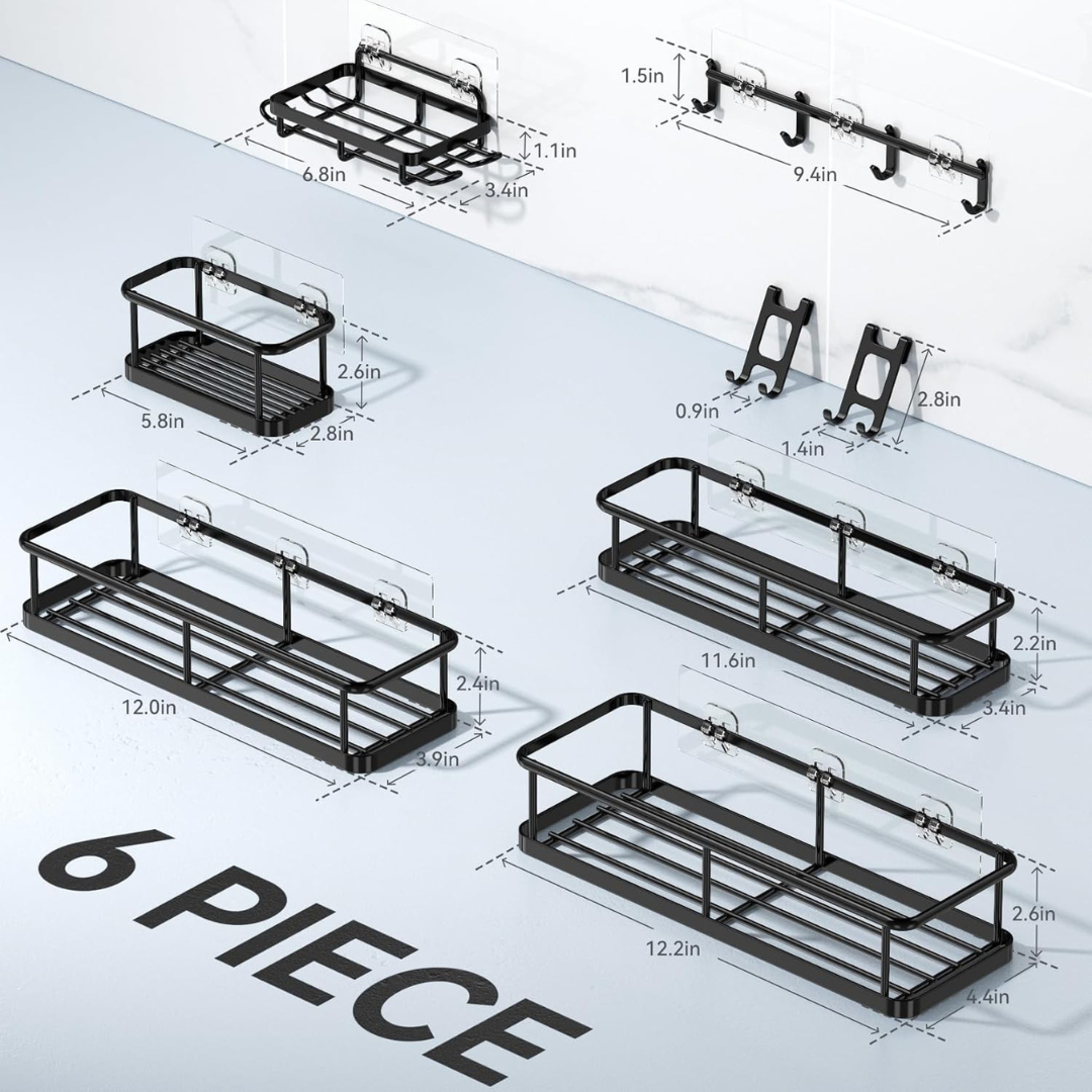 6-Pack Wall-Mounted Shower Caddy Organizers with 12 Hooks