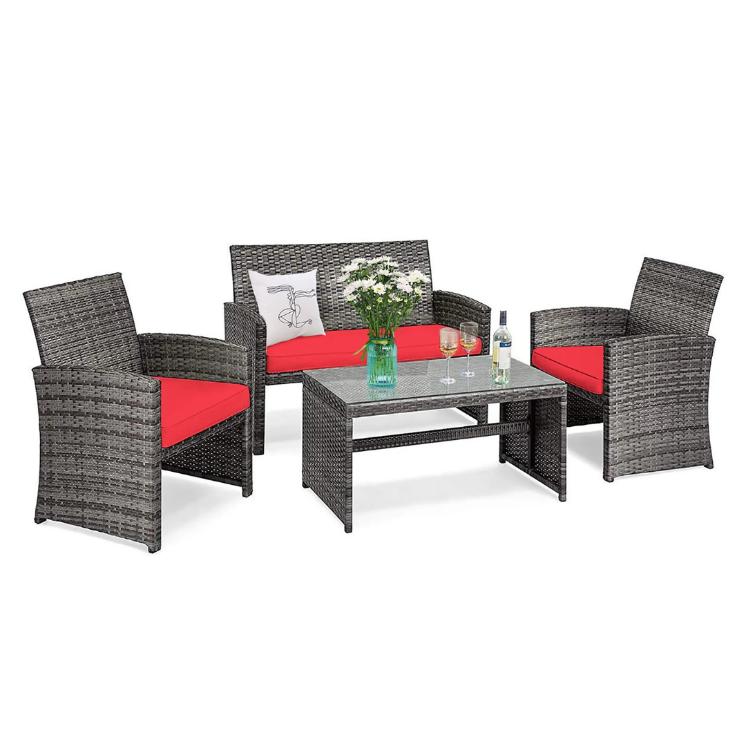 Costway 4PCS Patio Rattan Conversation Glass Table Top Cushioned Sofa Red