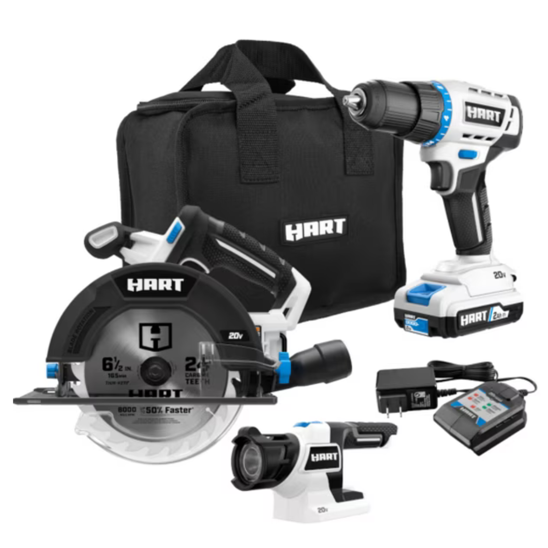 HART 20V 3-Tool Combo Kit, Drill, 6-1/2″ Circular Saw, And LED Light