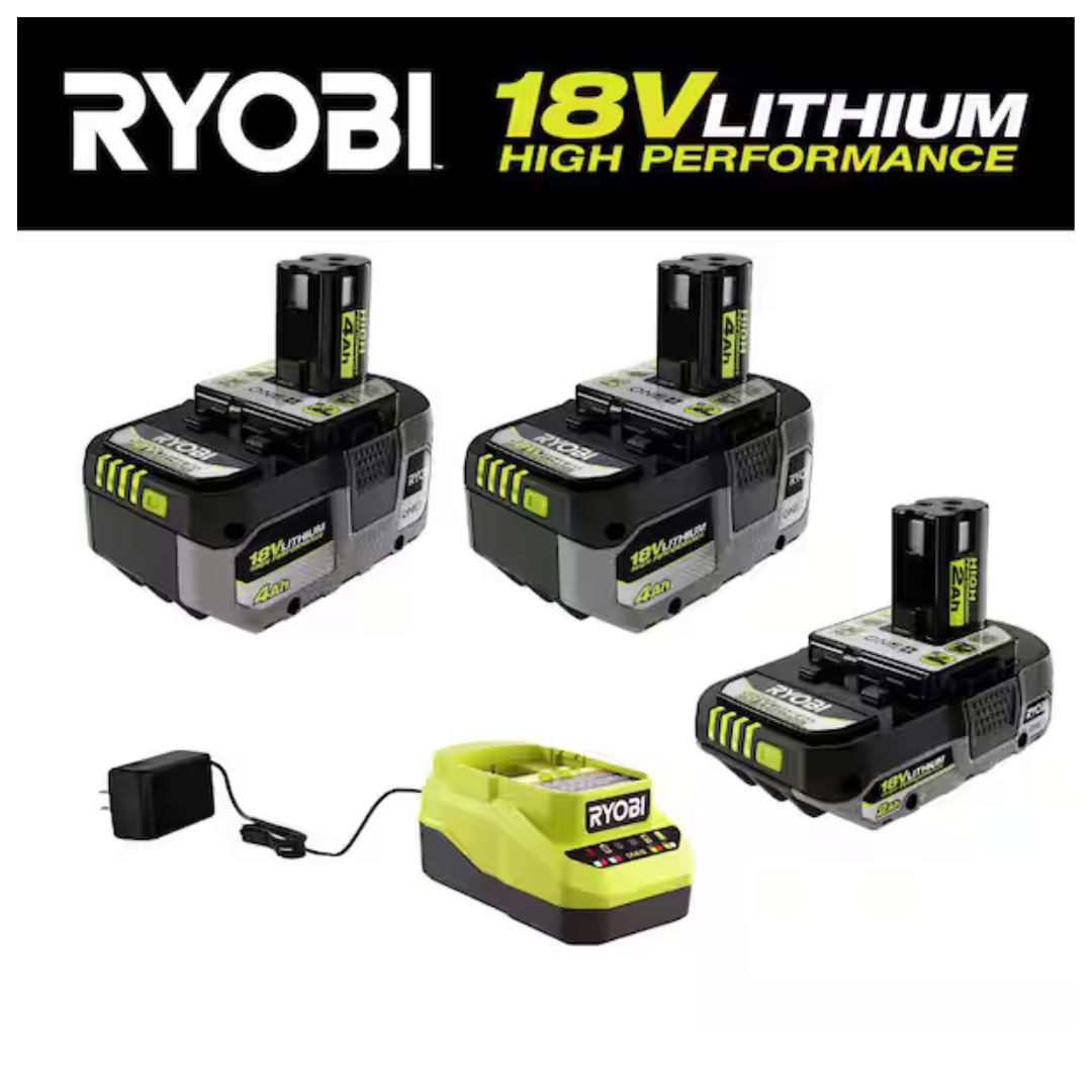 3-Count Ryobi One+ 18V HP Batteries (2Ah + 4Ah + 4Ah) + Charger