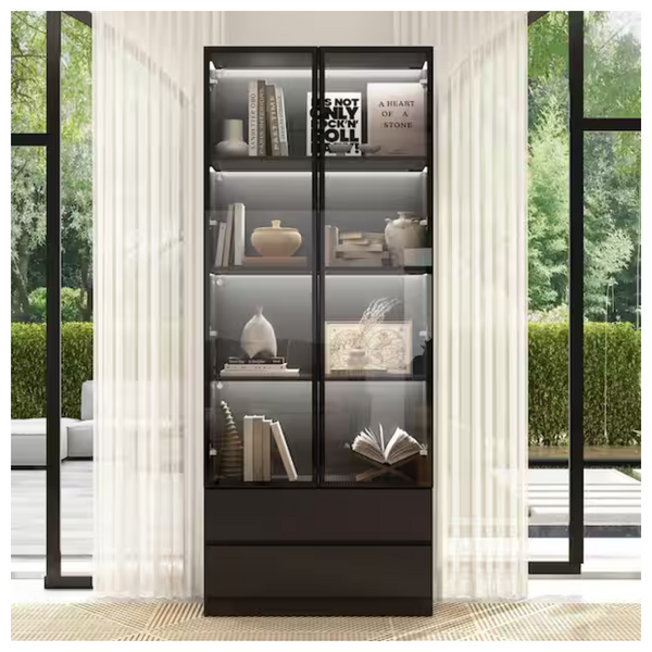 78.7" Black Wooden Accent Storage Cabinet With 2-Glass Doors