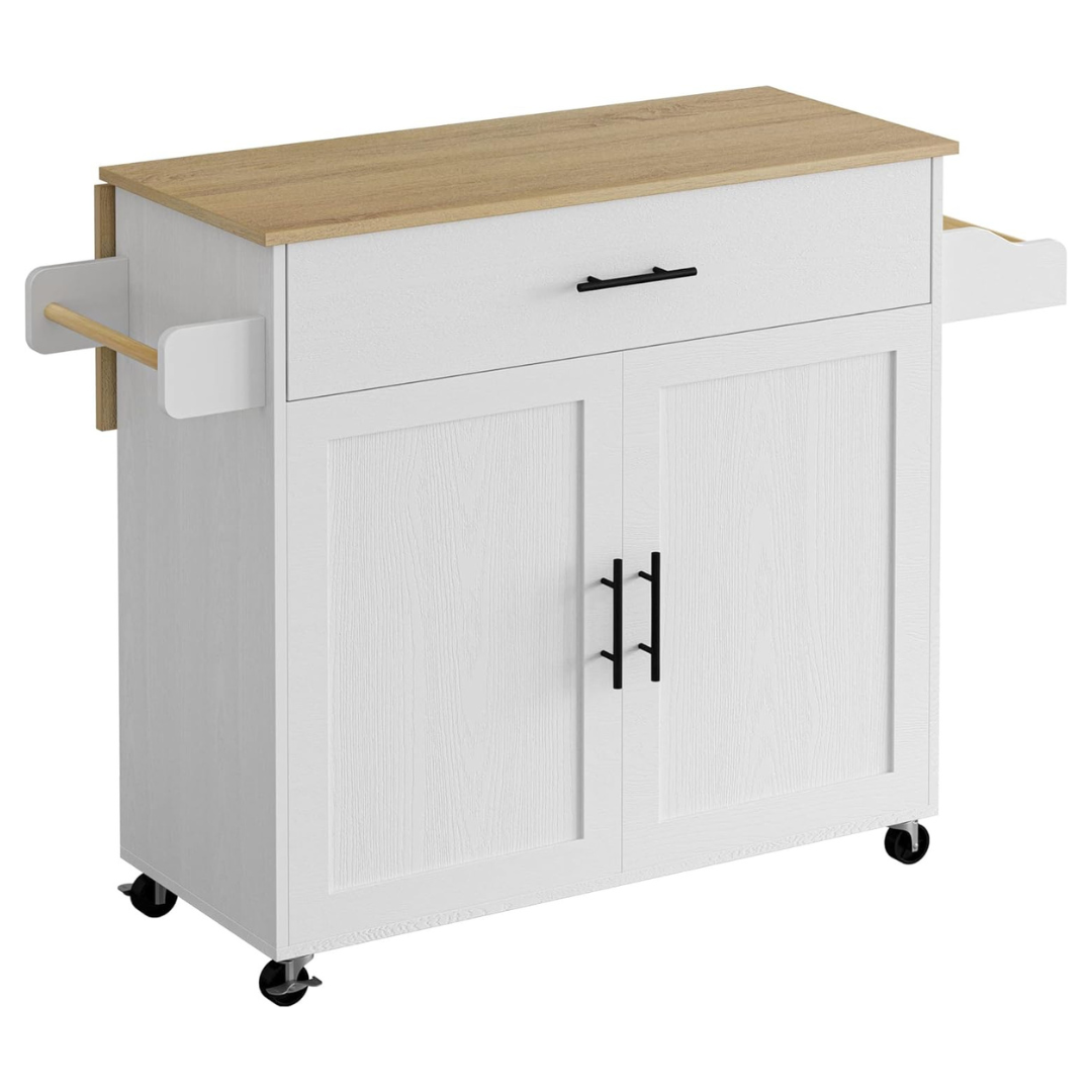 47.25" IRONCK Rolling Kitchen Island Table On Wheels W/ Drop Leaf (White)