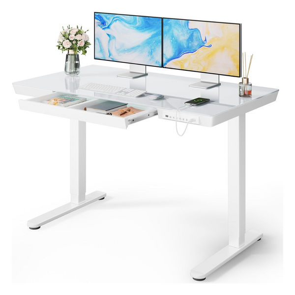 Glass Top Standing Desk With Drawer & USB Charging Ports