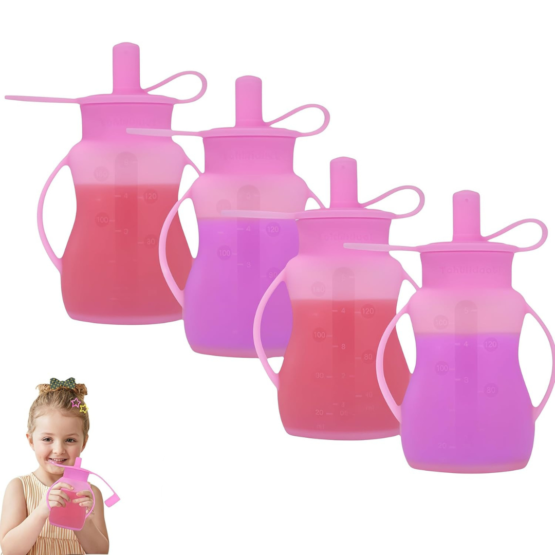 4-Pack Toddlers Silicone Juice Reusable Food Pouches with Straws