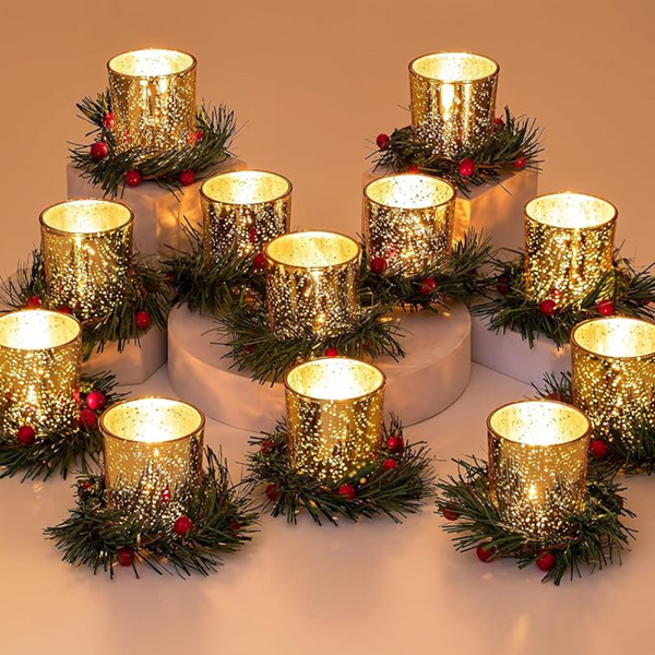 12-Pack Mercury Glass Candle Holder with Candle Rings