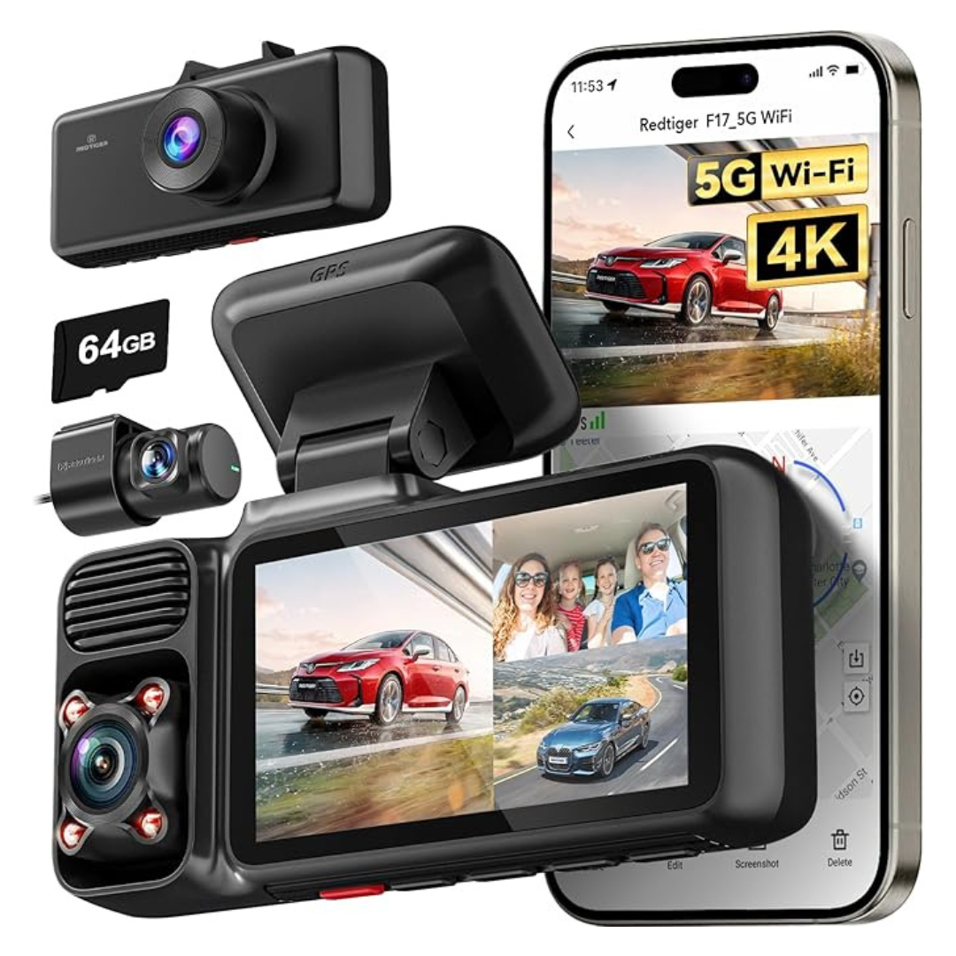 4K 3 Channel Front And Rear And Inside Wi-Fi Dash Cam With 64GB Card