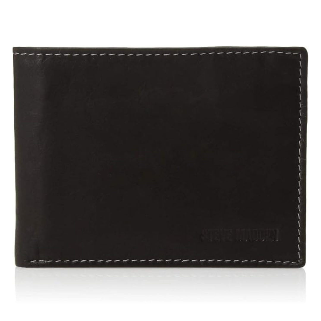 Steve Madden Men's Leather Wallet With Extra Capacity Attached Flip Pockets