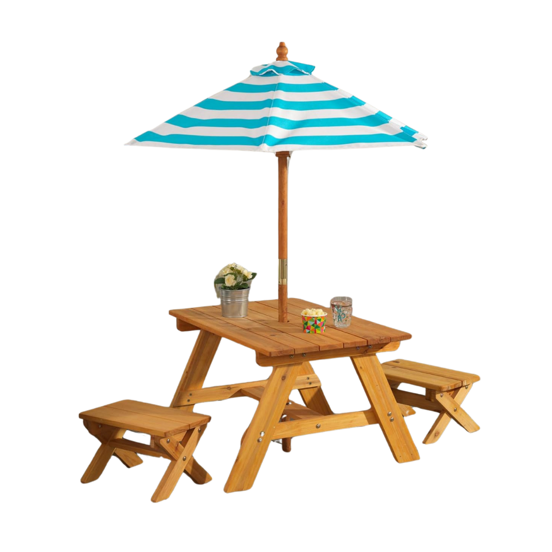 KidKraft Outdoor Wooden Table & Bench Set With Striped Umbrella