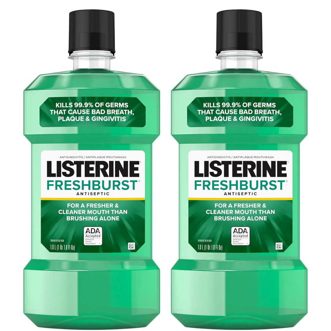 Listerine Freshburst Antiseptic Mouthwash For Bad Breath, Kills 99.9% Of Bad Breath Germs & Fights Plaque & Gingivitis (1 L, 2 Pack)