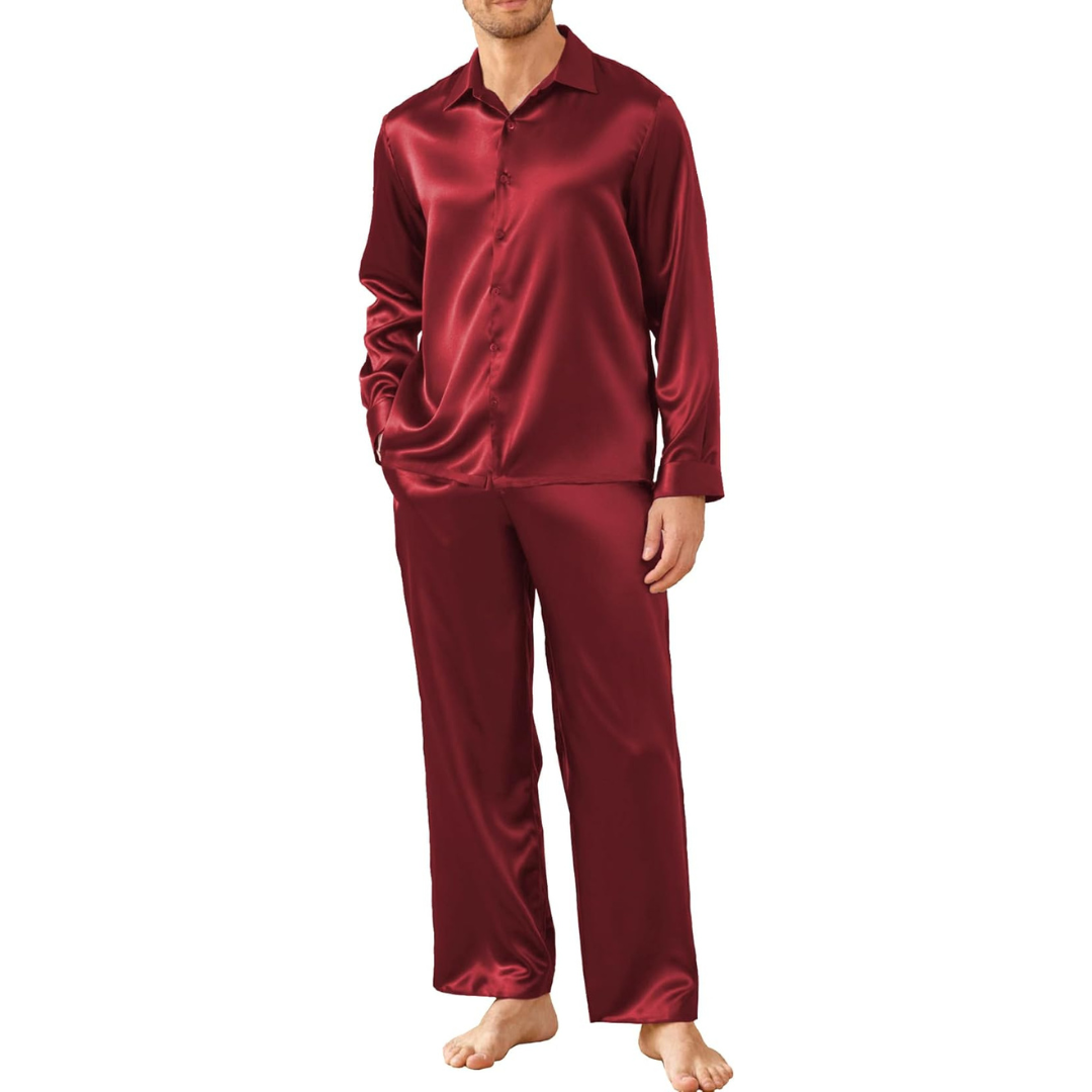 Ekouaer Men's Silk Long Sleeve Pajama Set with Pockets