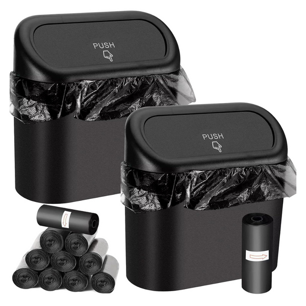 2-Pack Leak-proof Mini Car Trash Can Bin W/ Lid & 150 Garbage Bags