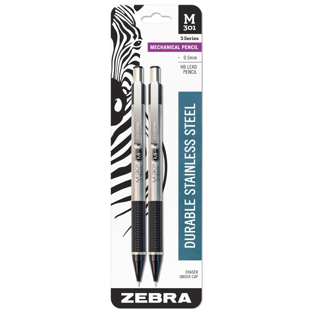 Zebra Pen M-301 Mechanical Pencil, Stainless Steel Barrel, Fine Point, 0.5mm, Black Grip (2 Count)