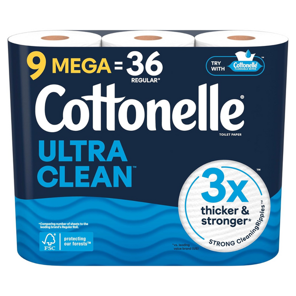 Cottonelle Ultra Clean Toilet Paper (9 Mega Rolls = 36 Regular Rolls)