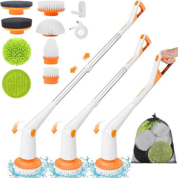 Cordless Electric Long Handle Spin Scrubber w/ 8 Brush Heads