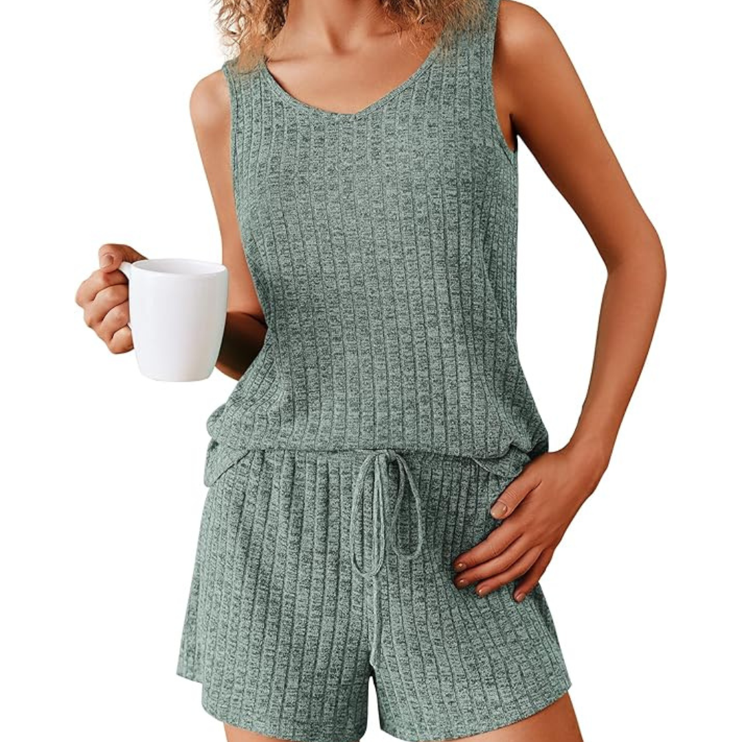 Women's Ribbed Knit Sleeveless V Neck Pajamas Set