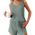 Women's Ribbed Knit Sleeveless V Neck Pajamas Set