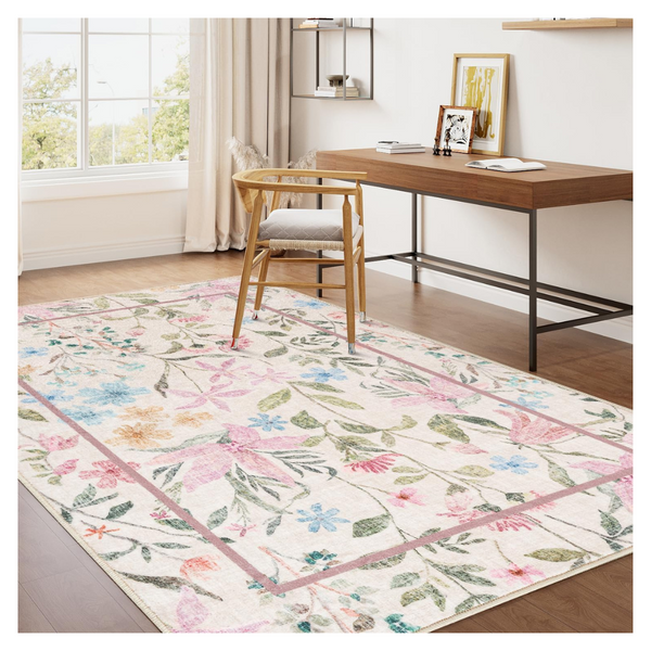 Hugear 4' x 6' Machine Washable Pink Floral Area Rug