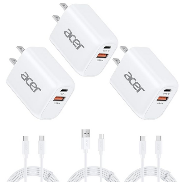 3-Pack Acer 20W Dual Port USB-A/USB-C Charger & 3-Pack 6.6' Cables