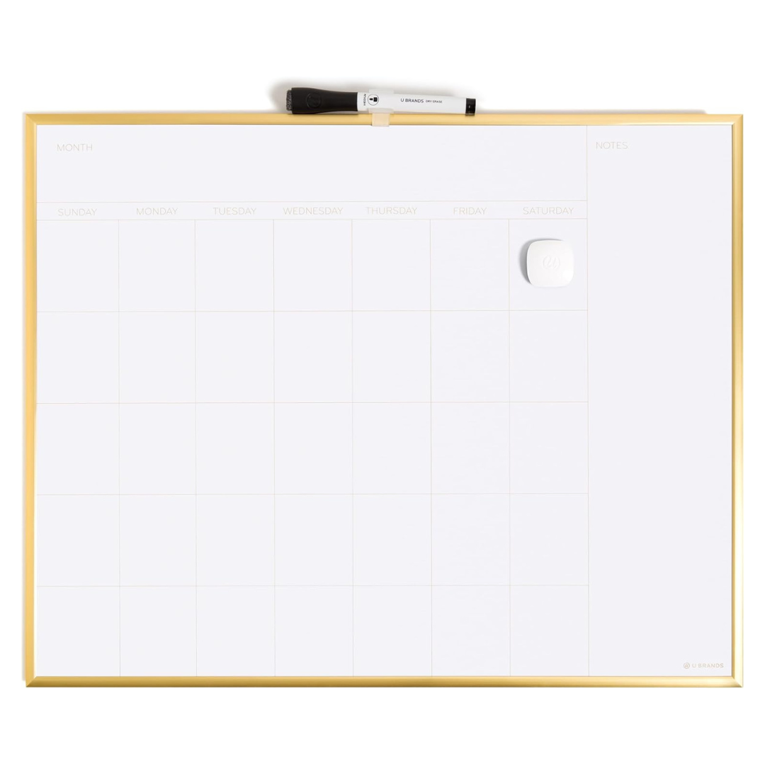 U Brands Magnetic Dry Erase Calendar Board, 20″x16″, Gold Aluminum Frame, Includes Magnet And Marker