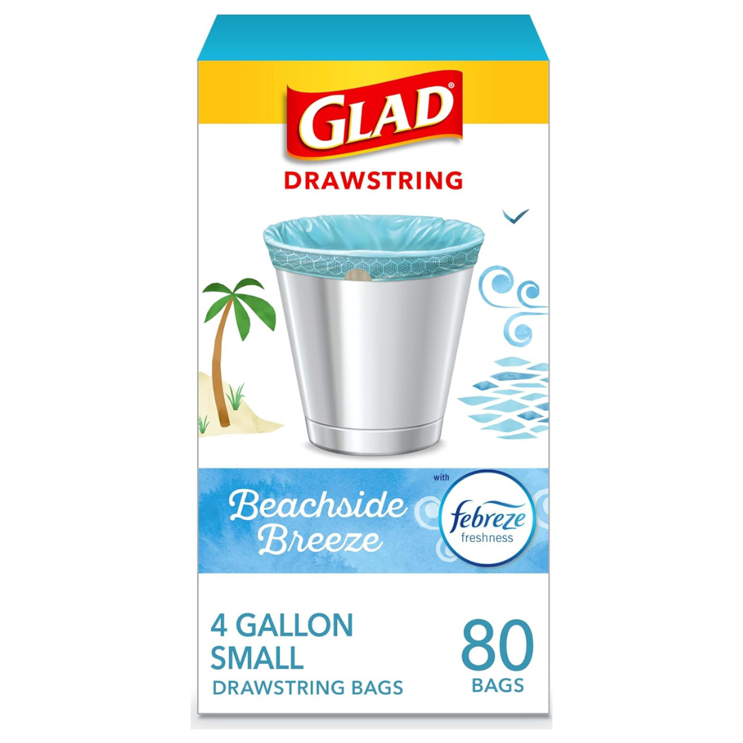 Glad Odorshield Small Drawstring Trash Bags, 4 Gal, Febreze Beachside Breeze (80 Ct)