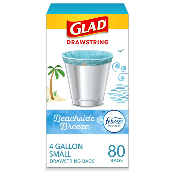 Glad Odorshield Small Drawstring Trash Bags, 4 Gal, Febreze Beachside Breeze (80 Ct)