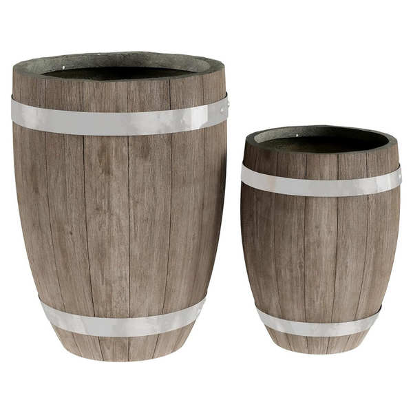 Set of 2 Lightweight Fiber Clay Whiskey Barrel Planter Flower Pots