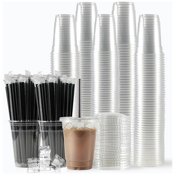 Set of 200 Disposable 12oz Plastic Cups with Lids and Straws (Clear)