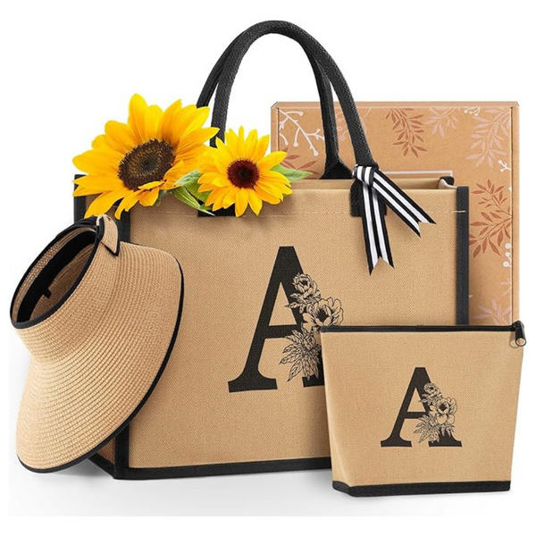 Women's Monogrammed Canvas Tote & Makeup Bag Gift Set W/ Hat (A-Z)