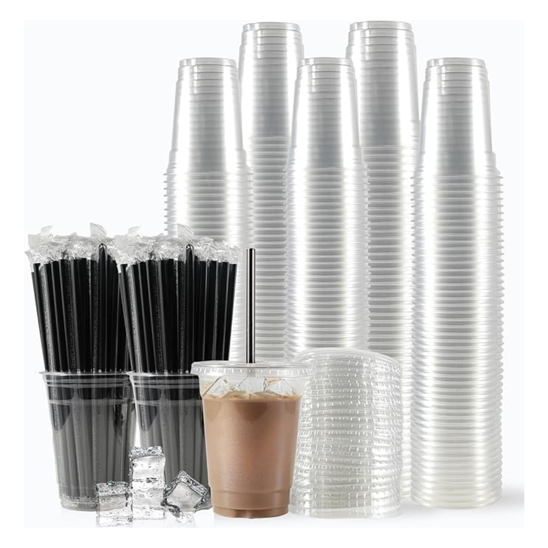 200 Sets Of 12oz Plastic Cups With Lids And Straws