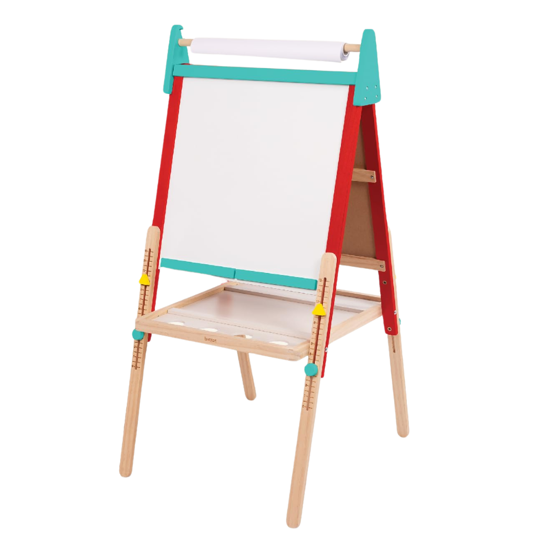 Battat Double-Sided Wooden Art Easel With Magnetic Whiteboard & Chalkboard With 61 Art Supplies, Adjustable Height & Paper Roll Holder