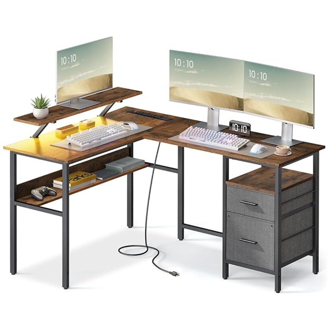 Vasagle L-Shaped Desk With Power Outlets & LED Lights