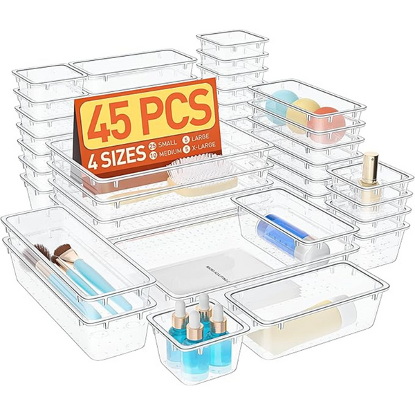 45-Pieces Plastic Drawer Organizer Bins, 4 Sizes