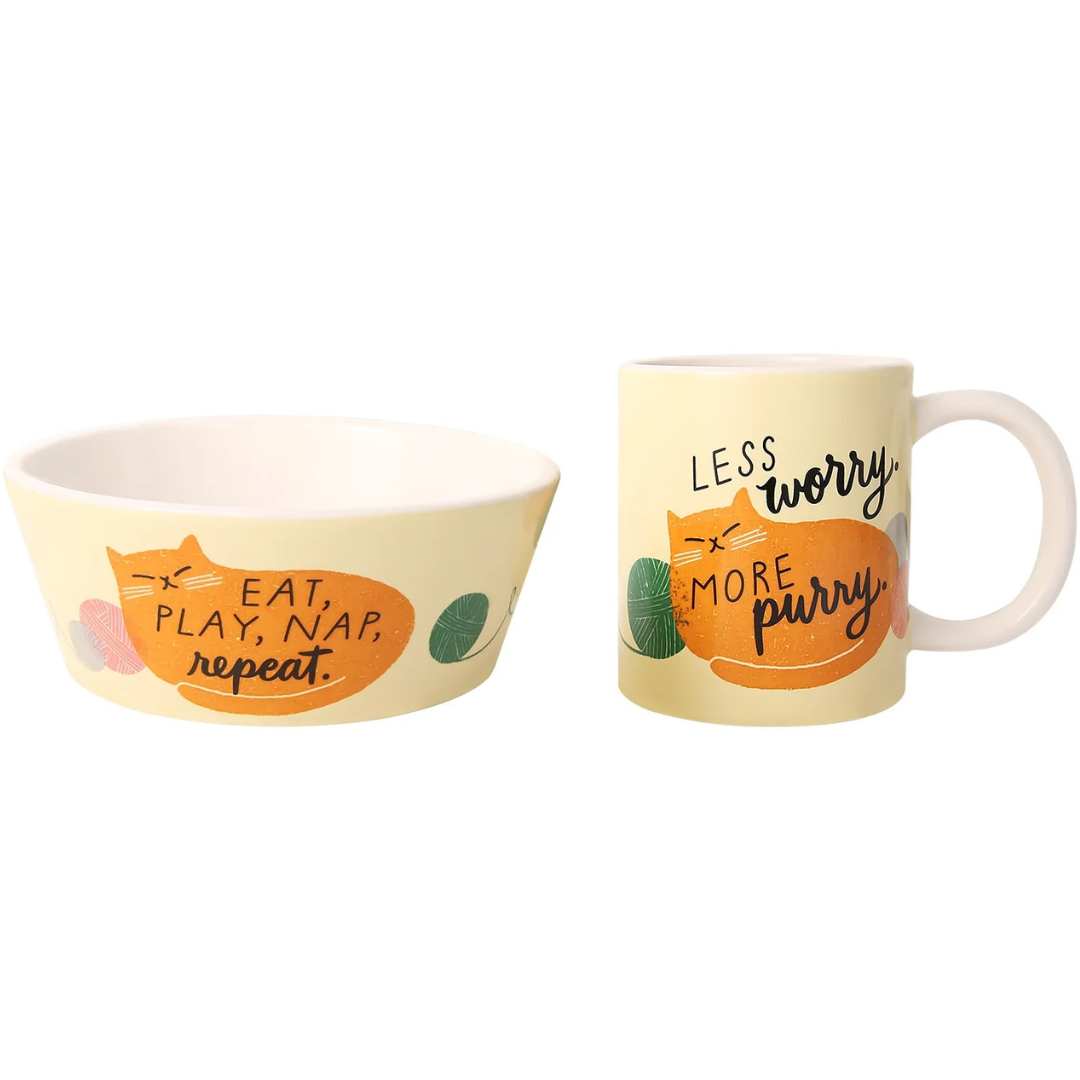 2-Piece Connections Less Worry More Purry Ceramic Mug & Cat Bowl