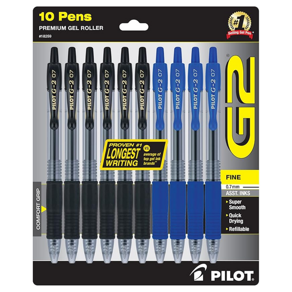 PILOT G2 Premium Refillable & Retractable Rolling Ball Gel Pens, 0.7mm Fine Point, 6 Black And 4 Blue Pens (10 Count Total)