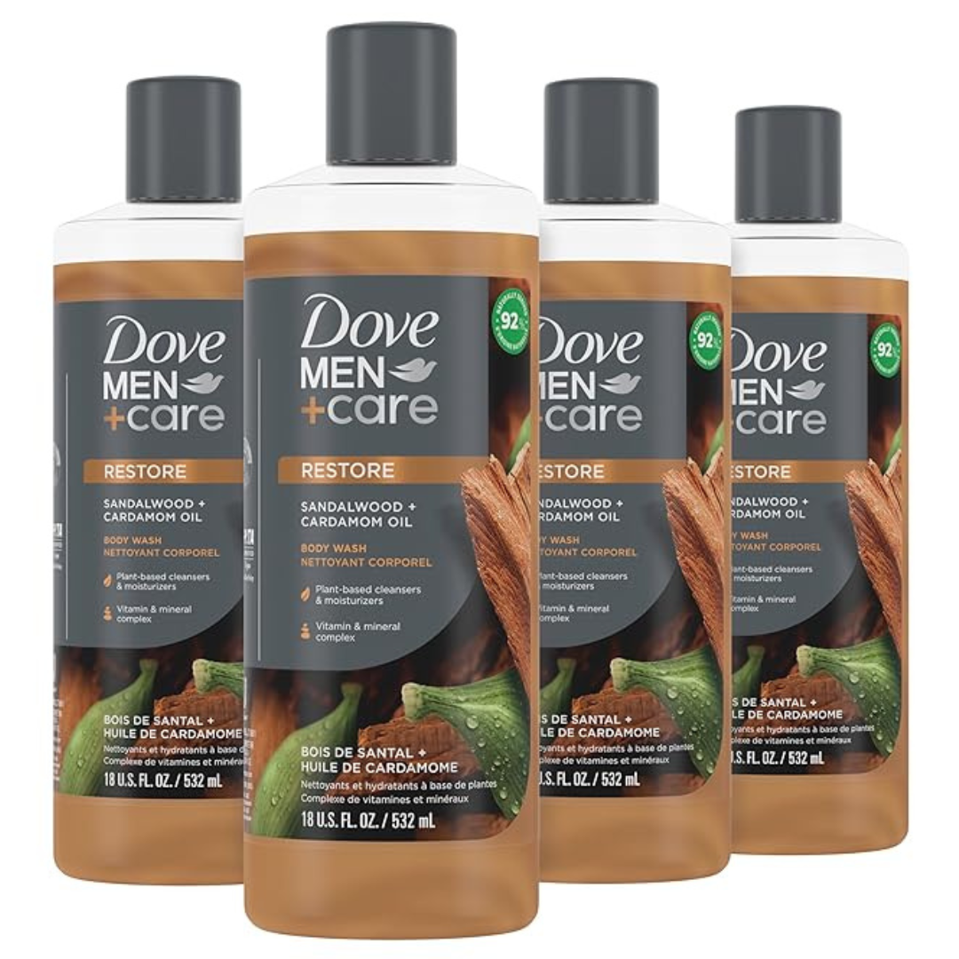 4 Bottles Of Dove Men+Care Body Wash Sandalwood + Cardamom Oil To Rebuild Skin (18 Oz Bottles)