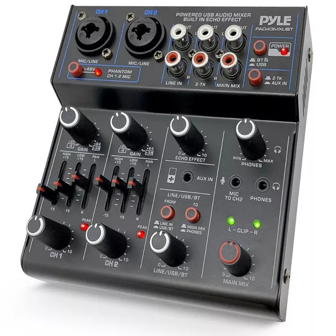 Pyle Compact Bluetooth DJ Mixer Interface with USB Audio and Phantom Power