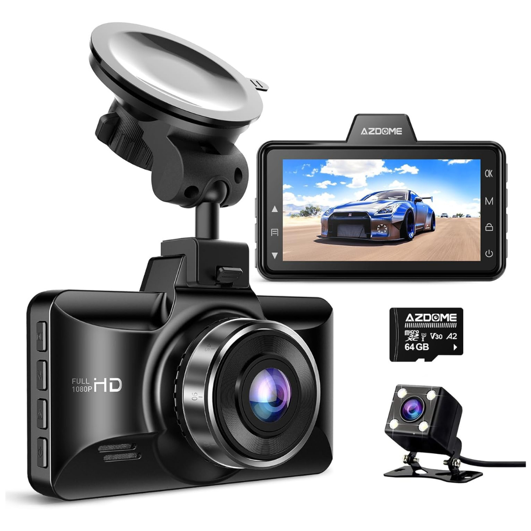 1080P FHD Front And Rear Dual Dash Cam With Screen & 64 GB Card