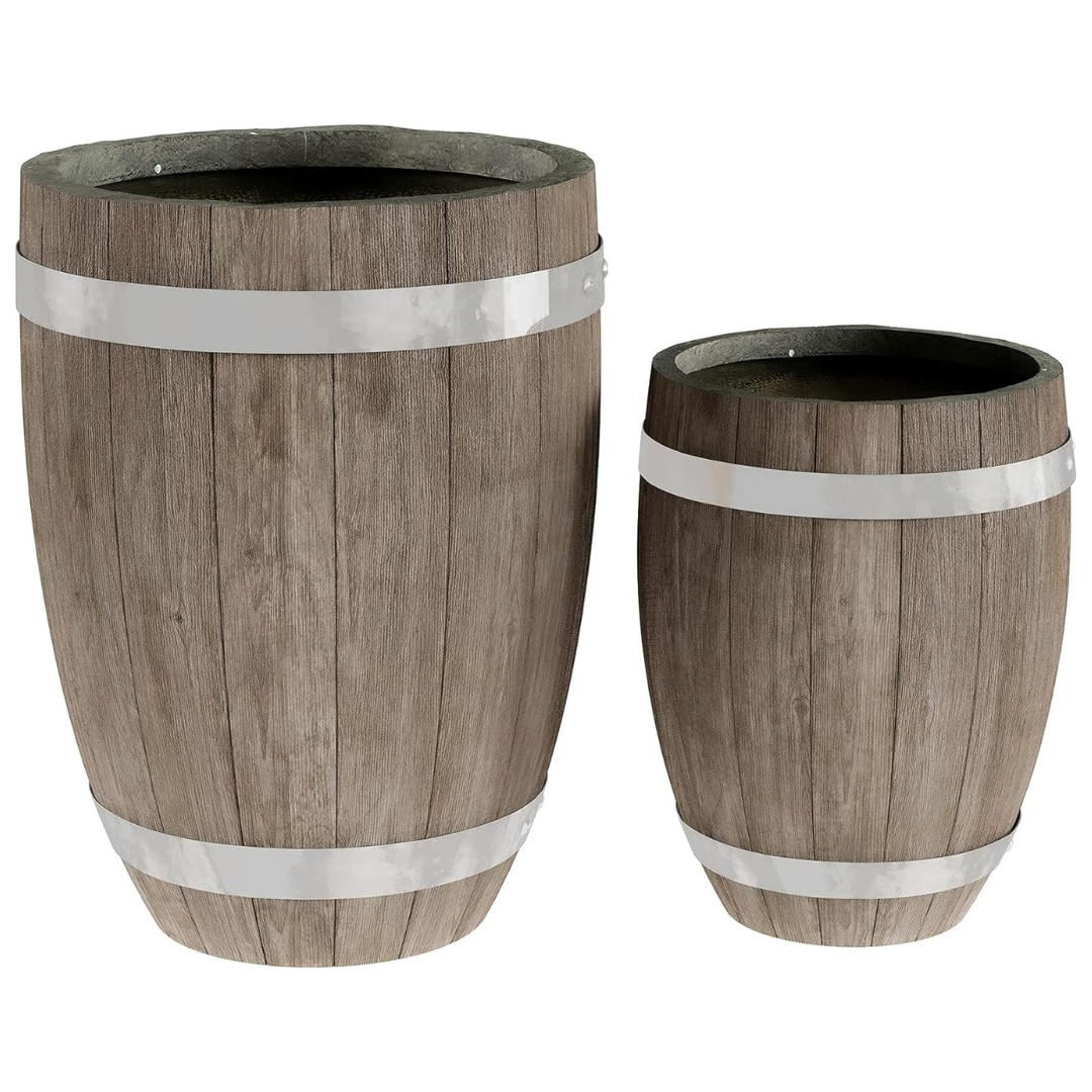 Set Of 2 Lightweight Fiber Clay Whiskey Barrel Planter Flower Pots