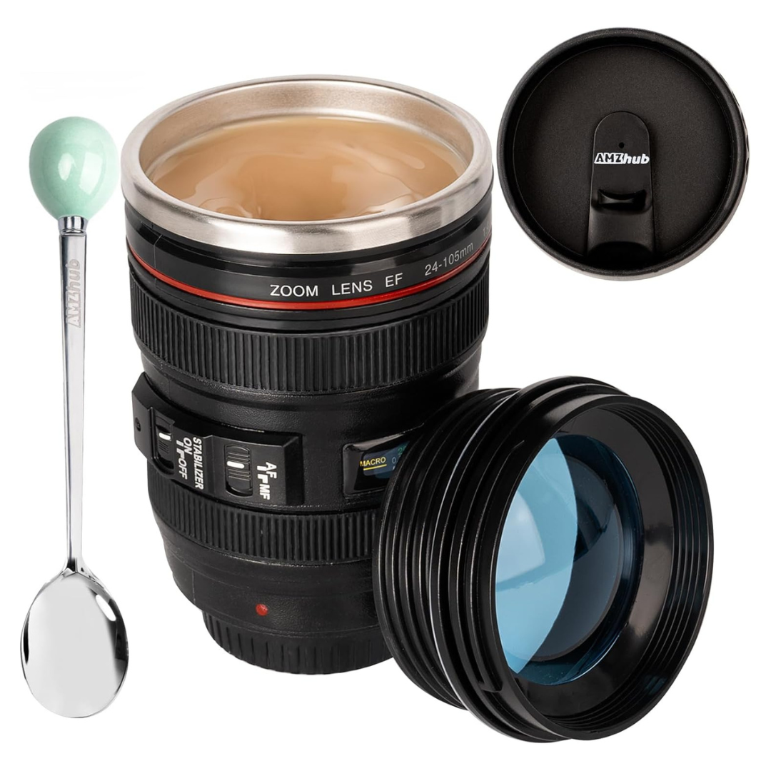 Amzhub Camera Lens Stainless Steel Coffee Mug With Lid And Spoon